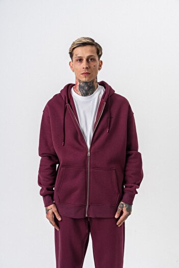 Respire Men's Text Detailed Hooded Basic Zip Oversize Hoodie Cherry