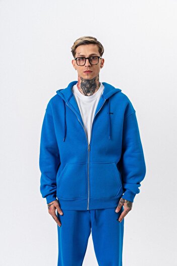 Respire Men's Text Detailed Hooded Basic Zip Oversize Hoodie Blue