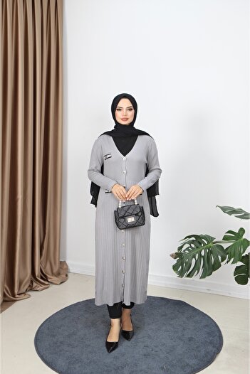NİSUM MODA Mercerized Long Cardigan with Pocket Detail