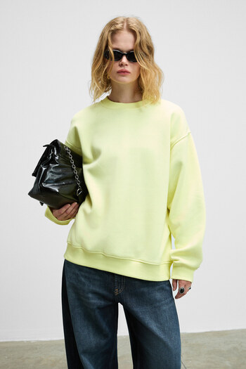 GRIMELANGE Karius Women's Organic Cotton Oversize Round Neck Yellow Sweatshirt Without Fleece Lining