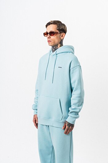 Respire Men's Text Detailed Hooded Basic Oversize Hoodie Baby Blue