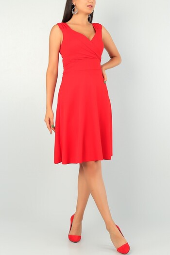 lovebox Women's Crepe Fabric Pleated Double Breasted Collar Red Mini Dress 094