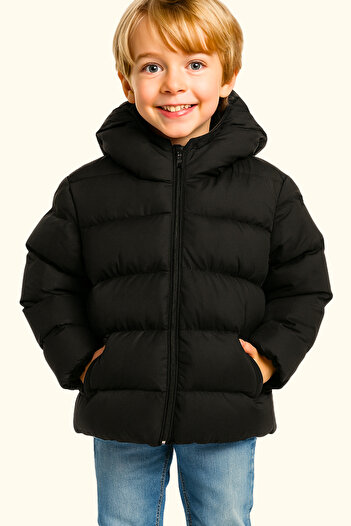 freemen Chlapecký zimní kabát z černého fleece kožešiny s kapucí a voděodolným větruodolným Pocket Puffer