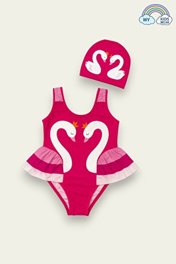 My Kids Wear Elegant Swan Print Three Layers Ruffle Detailed Boned Girls' Swimsuit