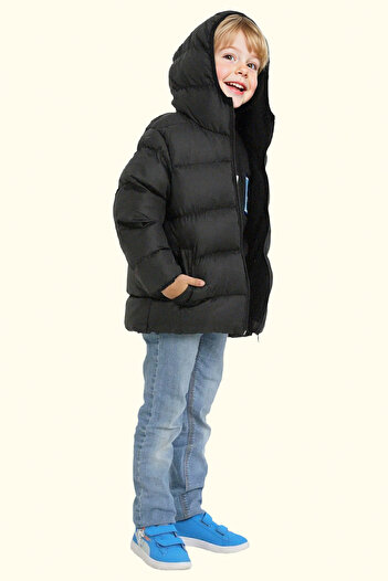 freemen Chlapecký zimní kabát z černého fleece kožešiny s kapucí a voděodolným větruodolným Pocket Puffer