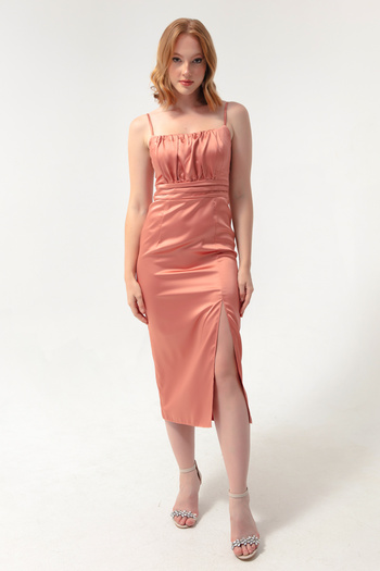 Lafaba Women's Salmon Thin Strap Slit Midi Satin Evening Dress