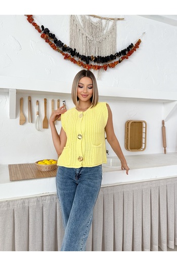 MODAMERSİ Women's Yellow Gold Buttoned Double Pocket Knitted Vest