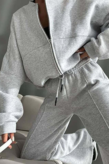 Neşeli Butik Γκρι Melange γυναικεία αθλητική φόρμα - Three Thread GTS018