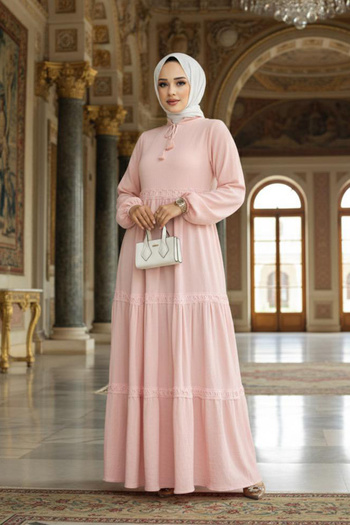 Neva Style Folded Pleated Powder Hijab Dress 5842Pd
