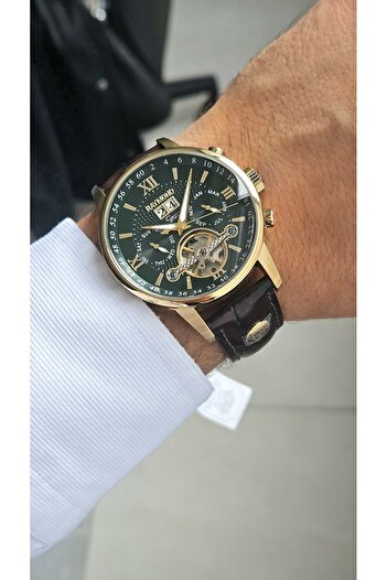 Raymond New Rym-4120 Automatic Mechanism Men's Wristwatch - Steel Case and Leather Strap - 2 Years Warranty Gold-Gr