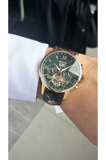 Raymond New Rym-4120 Automatic Mechanism Men's Wristwatch - Steel Case and Leather Strap - 2 Years Warranty Gold-Gr