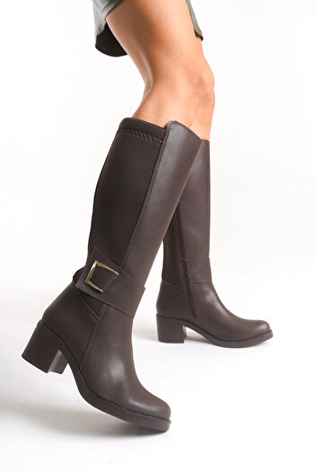 Limeo Leather Look Stretchy Back Flexible Thick Medium High Heel Buckle Detailed Zippered Brown Long Boots
