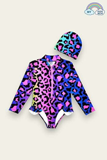 My Kids Wear Ruffle Detailed Leopard Pattern Bonneted Girl's Swimsuit