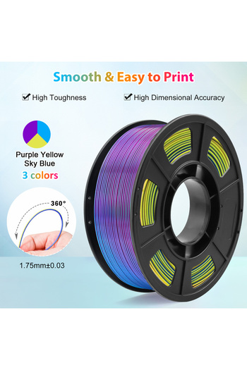 Choice Tricolor Silk PLA 3D Printer Filament, 1.75mm Multicolor 3D Printing Filament, Purple&Sky Blue&Ye...