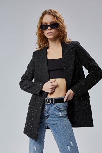 Bolivente Black Regular Woven Lined Blazer Jacket with Stone Detail