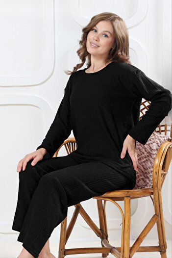 Farya Home Cotton Thick Winter Interlock Striped Long Sleeve Knitted Pajama Set
