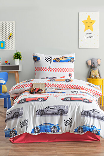 Eponj Home Single Cotton Duvet Cover Set 3 Pieces – Nascar Pattern – Red / Soft Texture