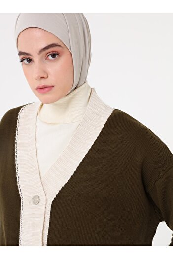 Refka Khaki Color Double Knitwear Set - Cardigan and Trousers