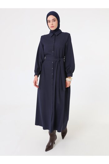 Refka Lace-Up Detailed Crepe Fabric Hijab Dress - Navy Blue - Refka