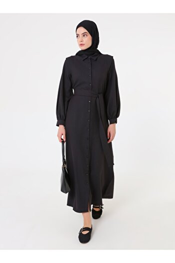 Refka Lace-Up Detailed Crepe Fabric Hijab Dress - Black - Refka