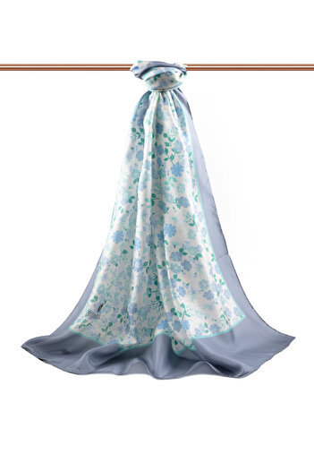 Vissona 100% Silk Crispy Flower Patterned Indigo Colored 92X210 Shawl