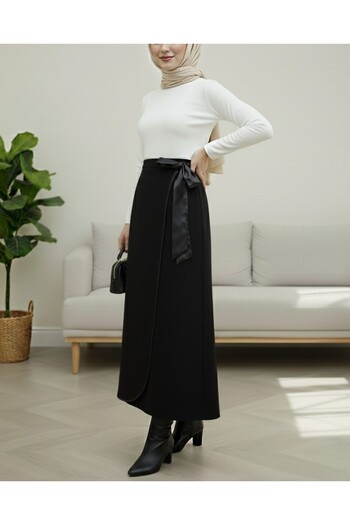 Modamorfo Elasticized Waist Tie Binding Bias Bellowed Cashmere Skirt -Black