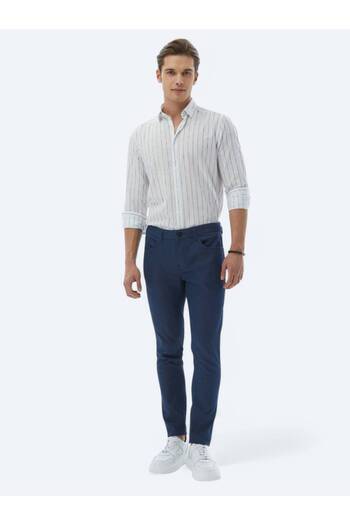 Kip Navy Blue Woven Slim Fit Casual Cotton Blend Trousers
