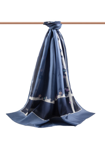 Vissona 100% Silk Floral Patterned Indigo Colored 92X210 Shawl