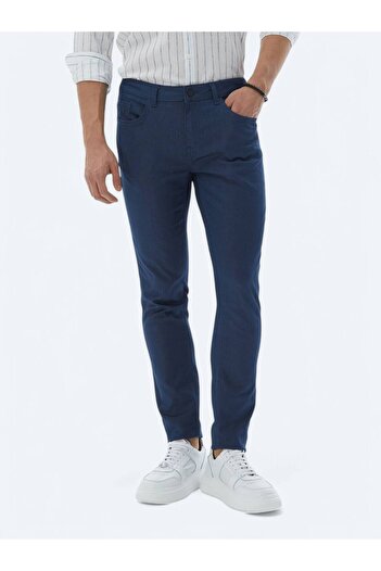 Kip Navy Blue Woven Slim Fit Casual Cotton Blend Trousers