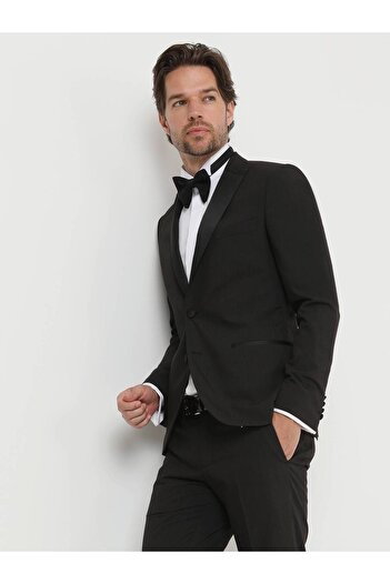 Kip Μαύρο μοτίβο Slim Fit Διπλό Πέτο Υφαντό Σμόκιν Κοστούμι