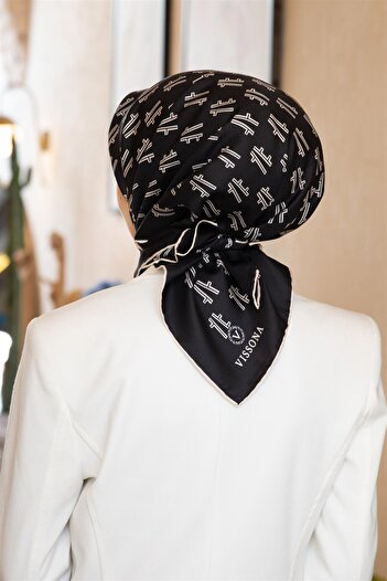 Vissona 57% Silk 43% Viscos Twill Silk Geometric Pattern Black Color 90X90 Scarf Planting Shape : Hand Sewing
