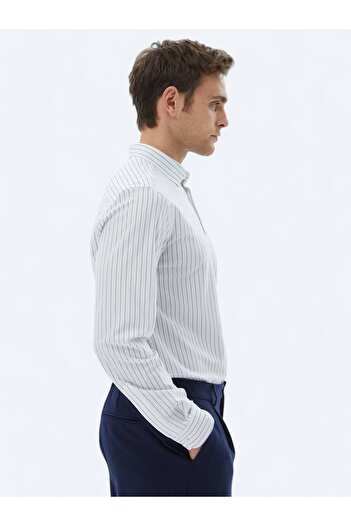Kip Lacivert Çizgili Regular Fit Casual Pamuk Karışımlı Gömlek
