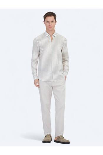 Kip Μπεζ ριγέ Regular Fit Woven Casual βαμβακερό πουκάμισο