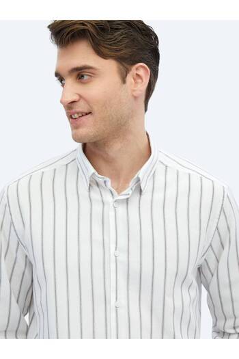 Kip Καφέ ριγέ κανονική εφαρμογή υφαντό casual 100% βαμβακερό πουκάμισο
