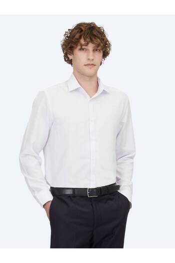 Kip White Plain Regular Fit Woven Classic Cotton Blend Shirt