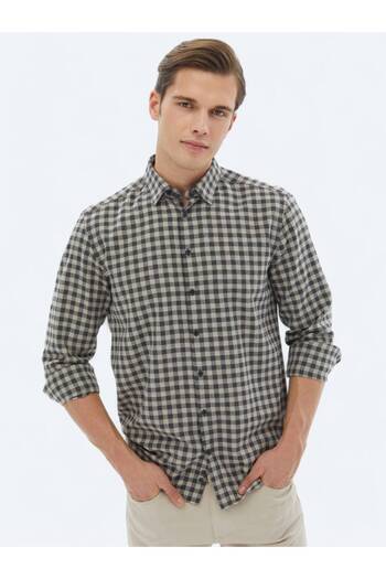 Kip Anthracite Checked Regular Fit Woven Casual Cotton Blended Shirt