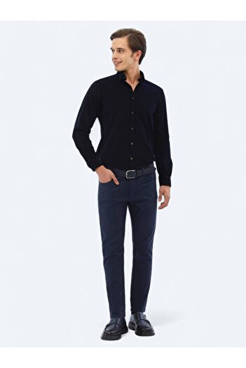 Kip Navy Blue Woven Slim Fit Casual Cotton Blend Trousers