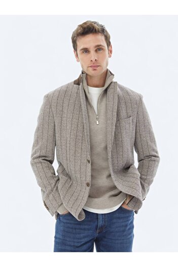 Kip Brown Striped Modern Fit Cotton Blend Knitted Jacket