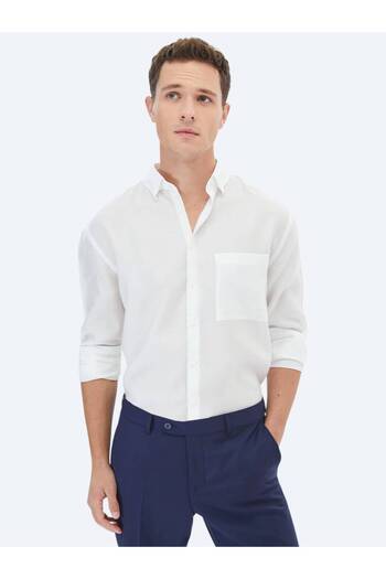 Kip White Plain Oversize Fit Woven Casual Shirt
