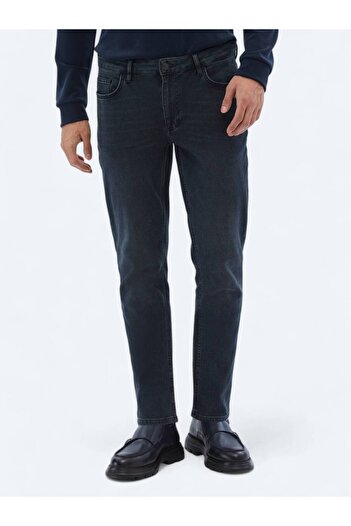 Kip Navy Blue Slim Fit Denim Cotton Blended Trousers