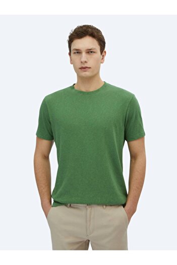 Kip Pistachio Green Plain Crew Neck Cotton Blend T-Shirt