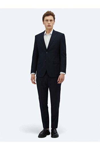 Kip Modern Fit Wool Blended Suit with Navy Blue Print
