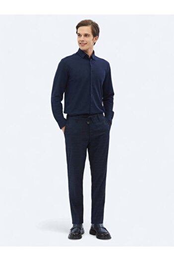 Kip Navy Blue Patterned Woven Jogging Fit Casual Trousers