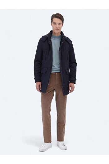 Kip Lacivert Regular Fit Kapüşonlu Casual Dokuma Kaban