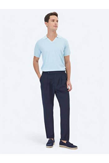 Kip Navy Blue Carrot Fit Smart Casual Trousers - Plain Woven