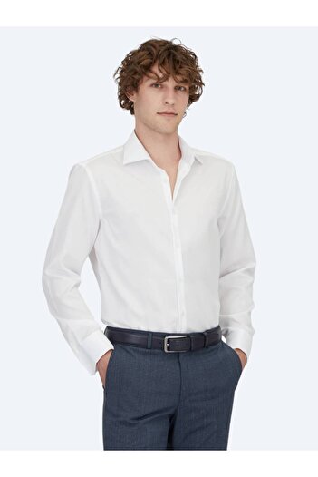 Kip White Plain Regular Fit Woven Classic 100% Cotton Shirt