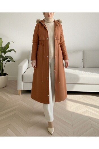 Modamorfo Plush Inside Fixed Hooded Tunnel Lace up Long Coat -Mustard