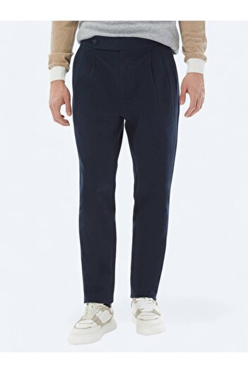 Kip Navy Blue Woven Carrot Fit Casual Cotton Blended Pants
