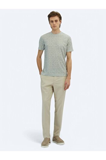 Kip Light Khaki Printed Crew Neck Cotton Blended T-Shirt