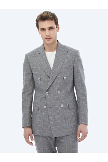 Kip Gri Kareli Slim Fit Pamuk Karışımlı Takım Elbise